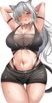  1girl absurdres animal_ears arknights arm_strap armpits arms_behind_head arms_up bandeau bangs bare_shoulders black_shorts breasts cat_ears cleavage commentary_request cowboy_shot crop_top grey_hair hair_between_eyes head_tilt highres large_breasts long_hair looking_at_viewer midriff navel parted_lips schwarz_(arknights) short_shorts shorts simple_background sleeveless solo standing stomach thighs uminekoin_kujira very_long_hair white_background yellow_eyes 