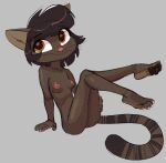  2023 anthro areola breasts brown_body brown_fur brown_hair butt domestic_cat feet felid feline felis female fur hair leigh_madigan_(siroc) mammal nipples nude pawpads simple_background siroc smile solo 