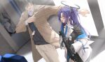  1boy 2girls assault_rifle blue_archive blush brown_coat coat dressing dutch_angle faceless faceless_female faceless_male gun halo highres holding holding_gun holding_weapon jacket jacket_partially_removed lanyard looking_at_another multiple_girls noa_(blue_archive) pallad profile purple_hair rifle school_uniform sensei_(blue_archive) smile weapon yuuka_(blue_archive) 