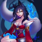  1girl ahri_(league_of_legends) animal animal_ears bangs bare_shoulders black_hair breasts cleavage facial_mark fox_ears fox_tail highres ibkio_chan korean_clothes large_breasts league_of_legends long_hair long_sleeves looking_at_viewer orange_eyes sitting slit_pupils smile solo tail unfinished whisker_markings 