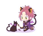  1boy animal_ear_fluff animal_ears bangs bangs_pinned_back bell black_cat black_pants boots candy cat cat_boy cat_ears cat_tail demon_wings ensemble_stars! fang food fur_collar green_eyes hair_ornament hairclip isara_mao knee_boots long_sleeves lowres neck_bell pants purple_hair seuga simple_background sitting skin_fang tail white_background wings 