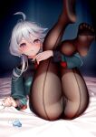  1girl ahoge bangs blush cameltoe grey_hair gundam gundam_suisei_no_majo hair_between_eyes kep_(ahokep) legs_up long_hair long_sleeves looking_at_viewer lying miorine_rembran no_shoes on_back on_bed panties panties_under_pantyhose pantyhose parted_lips purple_eyes revision seamed_legwear sheet_grab solo underwear 