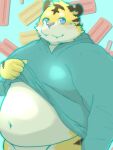  2023 anthro belly big_belly blush clothed clothing clothing_lift cute_fangs felid humanoid_hands kemono male mammal menmen_kesinn navel overweight overweight_male pantherine shirt shirt_lift solo tiger topwear 