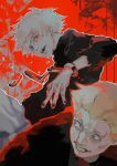  2boys absurdres bangs black_nails black_shirt blonde_hair broken broken_chain chain clenched_teeth grey_hair grey_pants highres kaneki_ken kyuuba_melo male_focus multiple_boys nail_polish omori_yakumo open_mouth outline pants red_background shirt short_hair teeth tokyo_ghoul white_outline 