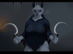  absurd_res anthro bedroom_eyes black_sclera bottomless bottomless_female breasts canid canine canis cloak clothed clothing crossgender death_(puss_in_boots) dialogue dreamworks female hi_res mammal mtf_crossgender narrowed_eyes pancarta puss_in_boots_the_last_wish red_eyes seductive sickle smile solo wolf 