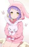  &gt;_&lt; 1girl :d animal_ears animal_hood blush commentary dot_nose grey_background highres holding holding_stuffed_toy hood hooded_pajamas idolmaster idolmaster_million_live! legs long_sleeves looking_at_viewer makabe_mizuki mochigome_(ununquadium) open_mouth pajamas pink_pajamas pink_shorts purple_hair rabbit_ears rabbit_hood short_hair shorts sidelocks sitting smile socks solo stuffed_animal stuffed_bunny stuffed_toy thighs wariza wavy_hair xd yellow_eyes yellow_socks 