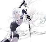  1girl android armlet arms_up bangs black_gloves blue_eyes cofffee elbow_gloves gloves holding holding_sword holding_weapon joints katana long_hair nier_(series) nier_automata robot_joints short_shorts shorts solo sword tank_top weapon white_background white_hair yorha_type_a_no._2 