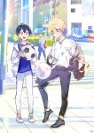 2boys adidas aged_down ball black_footwear black_hair black_pants blonde_hair blue_eyes blue_hair blue_lock blue_shirt car child closed_mouth day enpissi full_body ground_vehicle hand_in_pocket highres holding holding_ball isagi_yoichi jacket jacket_partially_removed long_hair long_sleeves looking_at_viewer male_child male_focus michael_kaiser motor_vehicle multicolored_hair multiple_boys open_clothes open_jacket open_mouth outdoors pants photo_background shirt shoes short_hair smile sneakers soccer_ball standing two-tone_hair white_footwear white_jacket white_pants white_shirt 
