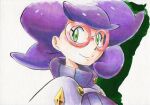  1girl big_hair buttons capelet coat glasses gold green_background green_eyes iwane_masaaki pink-framed_eyewear pink_sweater pokemon pokemon_(anime) pokemon_(game) pokemon_sm pokemon_sm_(anime) purple_hair ribbed_sweater sweater turtleneck turtleneck_sweater upper_body white_background white_capelet white_coat wicke_(pokemon) 