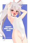  1girl alternate_costume animal_ears areola_slip armpits bangs bare_legs blunt_bangs blush bow bowtie breasts brown_eyes bunny_pose chinese_zodiac commentary_request cowboy_shot detached_collar embarrassed fake_animal_ears groin happy_new_year highres kantai_collection kasumi_(kancolle) leotard long_hair looking_at_viewer nose_blush open_mouth playboy_bunny rabbit_ears red_bow red_bowtie small_breasts solo standing strapless strapless_leotard sun_fle v-shaped_eyebrows wrist_cuffs year_of_the_rabbit 