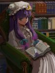  1girl armchair b_nosk101 book bookmark bookshelf chair closed_mouth crescent crescent_hat_ornament dress feet_out_of_frame hat hat_ornament highres indoors long_hair long_sleeves looking_at_viewer mob_cap open_book patchouli_knowledge purple_eyes purple_hair sitting smile solo touhou white_dress white_headwear 