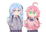  2girls ahoge backpack bag bangs black_ribbon blue_bow blue_bowtie blue_eyes blue_hair blue_necktie bow bowtie cardigan closed_mouth earrings grey_cardigan hair_between_eyes hair_ornament hair_ribbon hairclip hands_in_pockets highres hololive hoshimachi_suisei ichigo_(lb450232) jewelry jitome long_hair long_sleeves low_twintails multiple_girls necktie pink_cardigan pink_hair plaid plaid_skirt pleated_skirt ribbon sakura_miko simple_background skirt star_(symbol) star_earrings star_in_eye symbol_in_eye twintails upper_body virtual_youtuber white_background 