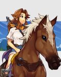  1girl 2022 absurdres animal animal_ears artist_logo artist_name belt blue_eyes blue_pants brown_hair cloud epona grass highres house long_hair looking_at_another malon mountain orange_scarf orlek_tg pants pointy_ears scarf shirt sitting sky solo sword tail the_legend_of_zelda the_legend_of_zelda:_ocarina_of_time triforce weapon white_background white_shirt 