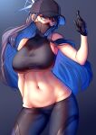  1girl absurdres bangs bare_arms bare_shoulders black_gloves black_headwear black_pants black_shirt blue_archive blue_background blue_eyes blue_hair breasts commentary_request cowboy_shot crop_top gloves gradient gradient_background groin highres large_breasts leggings long_hair looking_at_viewer mask midriff mouth_mask navel nicchi pants partial_commentary saori_(blue_archive) shirt sleeveless sleeveless_shirt solo standing stomach thighs very_long_hair 