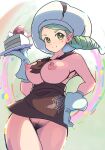  1girl apron ascot blush breasts brown_apron brown_ascot brown_eyes cake cake_slice closed_mouth commentary_request cowboy_shot female_pubic_hair food gloves green_hair hand_on_hip hand_up hat holding holding_plate katy_(pokemon) masamu_(leonore69) mole nipples plate pokemon pokemon_(game) pokemon_sv pubic_hair smile solo split_mouth waist_apron white_headwear 