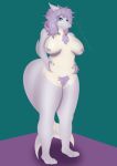  anthro big_breasts big_butt blue_eyes breasts butt chubby_female eriklechugaa female fish fur hair hi_res marine nira_(eriklechugaa) purple_body purple_fur purple_hair shark slightly_chubby solo standing 