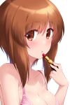  1girl blush bra breasts brown_eyes brown_hair cleavage collarbone girls_und_panzer highres kuzuryuu_kennosuke large_breasts lipstick looking_at_viewer makeup nishizumi_miho open_mouth pink_bra shiny_hair shiny_skin short_hair simple_background solo underwear white_background 