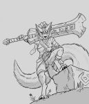  absurd_res anthro big_sword bottomwear breasts casta_(longtailshorttemper) cleaver_(weapon) clothed clothing ear_piercing ear_ring female genitals greenwolf hi_res leg_wrap longtailshorttemper melee_weapon monochrome nipple_slip no_underwear one_leg_on_ground one_leg_up piercing pose pussy raised_bottomwear raised_clothing raised_leg raised_skirt ring_piercing ruins skirt solo standing sword underskirt weapon 
