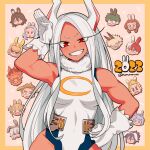  2023 5girls 6+boys :d all_might amajiki_tamaki animal_ears arm_up bakugou_katsuki bangs bare_shoulders boku_no_hero_academia border breasts bunny_pose chinese_zodiac crescent_print dark-skinned_female dark_skin endeavor_(boku_no_hero_academia) eraser_head_(boku_no_hero_academia) eri_(boku_no_hero_academia) fake_animal_ears fur_collar gloves hadou_nejire hand_on_hip hawks_(boku_no_hero_academia) highleg highleg_leotard highres leotard long_eyelashes long_hair looking_at_viewer medium_breasts midoriya_izuku mirko multiple_boys multiple_girls nns146 parted_bangs pink_background rabbit_ears rabbit_girl red_eyes shigaraki_tomura sleeveless_turtleneck_leotard smile solo_focus taut_leotard todoroki_shouto toga_himiko togata_mirio twitter_username uneven_eyes uraraka_ochako very_long_hair white_gloves white_hair white_leotard year_of_the_rabbit yellow_border 