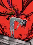  1girl ass barefoot bent_over breasts closed_mouth completely_nude floral_print from_side glasses highres kamishiro_rize large_breasts long_hair looking_at_viewer nude red_background smile standing tokyo_ghoul yourfreakyneighbourh 