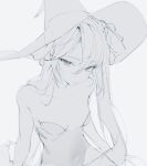  1girl arms_at_sides blurry bow breasts closed_mouth collarbone english_commentary from_above genshin_impact hair_between_eyes hair_bow hat highres kb_beary long_hair looking_at_viewer mona_(genshin_impact) monochrome no_shirt nude simple_background sitting sketch small_breasts solo sparkle upper_body witch_hat 