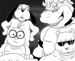  2017 anthro bear bowser bracelet canid canine canis collar domestic_dog duck_hunt duck_hunt_dog evil_grin eyewear fangs feral fur glasses group horn ice_climber jewelry koopa lakitu looking_at_viewer male mammal mario_bros monochrome nintendo open_mouth polar_bear reagan700 scales scalie smile spiked_bracelet spiked_collar spikes sunglasses teeth ursine wide_eyed 
