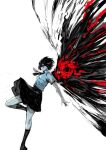  1girl bangs black_background black_hair black_skirt foot_out_of_frame grey_shirt hair_between_eyes kagune_(tokyo_ghoul) kirishima_touka kneehighs red_background shirt short_hair short_sleeves skirt socks solo tokyo_ghoul white_background yourfreakyneighbourh 