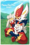  2023 :d border bright_pupils cinderace cloud commentary day evolutionary_line grass happy_new_year highres naoki_eguchi open_mouth outdoors pokemon pokemon_(creature) raboot red_eyes scorbunny sitting sky smile white_border white_pupils 