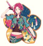  1boy closed_mouth ensemble_stars! fingerless_gloves gloves green_eyes high_collar holding holding_staff isara_mao male_focus microphone midriff navel paper purple_hair seuga short_hair short_sleeves smile solo staff star_(symbol) tanabata weapon 