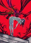 1girl ass barefoot bent_over breasts closed_mouth completely_nude floral_print from_side glasses highres kamishiro_rize large_breasts long_hair looking_at_viewer nude red_background smile standing tokyo_ghoul yourfreakyneighbourh 