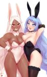  2girls animal_ears armpits bare_shoulders black_choker black_gloves black_thighhighs blue_hair blush boku_no_hero_academia breasts choker commentary dark-skinned_female dark_skin detached_collar elbow_gloves fake_animal_ears gloves grin hadou_nejire highres large_breasts long_hair mirko multiple_girls open_mouth playboy_bunny rabbit rabbit_ears rabbit_tail red_eyes shpo simple_background single_elbow_glove skindentation smile symbol-only_commentary tail teeth thighhighs upper_teeth_only very_long_hair white_background white_hair wrist_cuffs 
