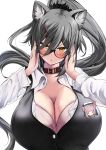  1girl absurdres animal_collar animal_ear_fluff animal_ears arknights badge bangs bespectacled blush breasts button_badge ceylon_(arknights) cleavage collar commentary_request dress_shirt glasses grey_hair hair_between_eyes highres huge_breasts kokihanada looking_at_viewer medium_hair orange_eyes parted_lips partially_unbuttoned ponytail schwarz_(arknights) shirt solo upper_body white_shirt 