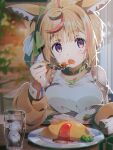  1girl alternate_hairstyle animal_ears antenna_hair blonde_hair blurry blurry_background breasts casual commentary_request cup drinking_glass eating elbow_rest fennec_fox fingernails food fox_ears fox_girl hair_ornament hair_ribbon hand_on_table hand_up highres holding holding_spoon hololive ice ice_cube indoors jacket ketchup large_breasts long_hair long_sleeves looking_at_viewer multicolored_hair official_alternate_costume omaru_polka omelet omurice open_mouth pink_hair plate pom_(soupy) purple_eyes ribbon sidelocks sitting solo spoon streaked_hair surprised table virtual_youtuber wide-eyed 