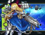  1girl bangs blonde_hair blue_dress blue_eyes bow bullet closed_mouth commission dated dress feet_out_of_frame gun hair_bow holding holding_weapon houdukixx long_hair looking_at_viewer red_bow shanghai_doll signature skeb_commission solo touhou weapon 