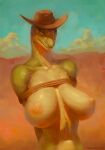  anthro arms_tied bedroom_eyes big_breasts bound breasts clothed clothing female hands_behind_back hat hat_only headgear headgear_only headwear headwear_only hi_res huge_breasts mostly_nude narrowed_eyes neracoda nipples outside reptile scalie seductive sky smile snake solo topless topless_female 