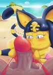  absurd_res animal_crossing ankha_(animal_crossing) anthro balls beach bikini blush canid canine canis clothing digby_(animal_crossing) domestic_cat domestic_dog duo felid feline felis female first_person_view genitals hi_res lecerf looking_at_genitalia looking_at_penis male male/female male_pov mammal nintendo penis rubbing_cheek seaside smile swimwear undressing 