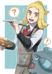  1boy :d ? absurdres apron blonde_hair collared_shirt commentary_request gible hassel_(pokemon) highres holding holding_paintbrush looking_down male_focus moi_(transmission) necktie notice_lines open_mouth orange_eyes outline paintbrush palette_(object) pokemon pokemon_(creature) pokemon_(game) pokemon_sv red_necktie shirt smile spoken_question_mark sweater_vest teeth upper_teeth_only 