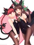  2girls :d animal_ears bangs bare_shoulders bird_wings black_bow black_wings blurry bow braid breasts cat_ears cat_tail chest_jewel cleavage cosmos_0131 cowboy_shot depth_of_field detached_collar dutch_angle extra_ears feathered_wings feet_out_of_frame green_bow hair_bow highres kaenbyou_rin leotard long_hair multiple_girls multiple_tails pantyhose pointy_ears red_eyes red_hair reiuji_utsuho small_breasts smile strapless tail touhou twin_braids two_tails wings wrist_cuffs 