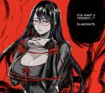  1girl bangs black_background breasts cleavage collarbone cropped english_text glasses hands_up highres interlocked_fingers kamishiro_rize large_breasts long_sleeves parted_lips red-framed_eyewear red_background red_eyes red_ribbon ribbon shiny_hair smile solo teeth tokyo_ghoul yourfreakyneighbourh 