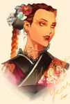  1girl alternate_costume animification apex_legends black_ribbon brown_background brown_eyes brown_hair ear_piercing eyeshadow flower gold_choker hair_behind_ear hair_flower hair_ornament hair_ribbon happy_new_year highres japanese_clothes kimono loba_(apex_legends) looking_to_the_side makeup neck_tattoo parted_lips piercing portrait rainasu red_eyeshadow red_flower red_lips ribbon solo tattoo white_flower 