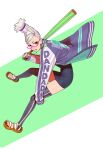  1girl ayase_seiko baseball_bat beehive_hairdo candy copyright_name dandadan english_text eyelashes food glasses grey_hair jacket lollipop long_hair official_art pink-framed_eyewear red_eyes sandals solo thighhighs thighs yukinobu_tatsu 