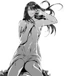  1girl arm_up bangs breasts collarbone feet_out_of_frame grey_background hand_up highres holding holding_towel kamishiro_rize large_breasts long_hair naked_towel red_eyes simple_background sitting smile solo spot_color tokyo_ghoul towel wavy_hair yourfreakyneighbourh 