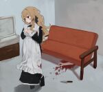  1girl :/ absurdres apron bangs black_dress black_ribbon blonde_hair blood blood_on_clothes closed_mouth couch dot_nose dress expressionless full_body hair_ribbon haru_(ririne9999rine) head_tilt highres implied_murder indoors jitome kirisame_marisa knife living_room long_hair long_sleeves looking_to_the_side maid maid_apron nail_polish own_hands_together pool_of_blood ribbon severed_arm severed_limb shadow shoes sidelocks solid_eyes solo swept_bangs television touhou wavy_hair yellow_eyes 