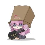 1girl bangs black_skirt blue_eyes blush_stickers bocchi_the_rock! box cardboard_box chibi commentary_request cube_hair_ornament eyes_visible_through_hair full_body gotou_hitori hair_ornament hair_over_eyes highres jacket long_hair long_sleeves nozo_(hitomiz) on_head one_side_up parted_lips pink_hair pink_jacket pleated_skirt puffy_long_sleeves puffy_sleeves shadow simple_background skirt sleeves_past_wrists solo track_jacket translation_request very_long_hair white_background 