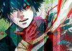  1boy :d absurdres bangs black_hair black_jacket black_sclera blood colored_sclera colored_skin grey_eyes hair_between_eyes hand_up heterochromia highres jacket kaneki_ken kyuuba_melo long_sleeves multicolored_background open_mouth red_eyes red_skin short_hair smile solo teeth tokyo_ghoul tokyo_ghoul:re upper_teeth_only 