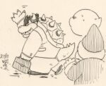  4_fingers anthro boo_(mario) bowser briefcase business_suit claws clothing eyebrows fingers flower garouzuki gesture group horn kamek koopa male mario_bros monochrome nintendo plant reptile scalie shell sketch spiked_shell spikes spikes_(anatomy) suit thick_eyebrows walking waving 