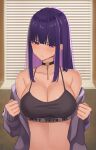 1girl bangs bare_shoulders black_bra black_choker blinds blunt_bangs bra breasts choker cleavage clothes_writing colored_inner_hair grey_jacket highres indoors jacket large_breasts long_sleeves looking_at_viewer mole mole_under_eye multicolored_hair open_clothes open_jacket original purple_eyes purple_hair solo spaghetti_strap two-tone_hair underwear undressing wabimochi 