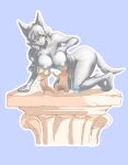  1girl 2boys animal_ears blue_background breast_grab breastfeeding breasts closed_eyes full_body grabbing highres large_breasts long_hair multiple_boys nipples nude open_mouth remus_(mythology) roman_mythology romulus_(mythology) simple_background statue tail uns_(sdsxsoverlord) wolf_ears wolf_girl wolf_tail 