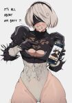  1girl anger_vein ass back back_cutout black_gloves blush breasts cellphone cleavage clenched_teeth clothing_cutout crab elbow_gloves english_text facing_viewer feather-trimmed_sleeves gloves grey_background grey_hair groin hairband highres huge_ass juliet_sleeves leotard leotard_peek long_sleeves nier_(series) nier_automata phone pointing puffy_sleeves short_hair skirt smartphone solo sweat teeth thick_thighs thighhighs thighs toned when_you_see_it white_hair white_leotard wide_hips yoracrab yorha_no._2_type_b 