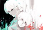  2boys absurdres arima_kishou bangs black_background brown_eyes closed_mouth coat frown glasses grey_coat highres kaneki_ken kyuuba_melo multiple_boys portrait red_background short_hair tokyo_ghoul tokyo_ghoul:re white_background white_hair 